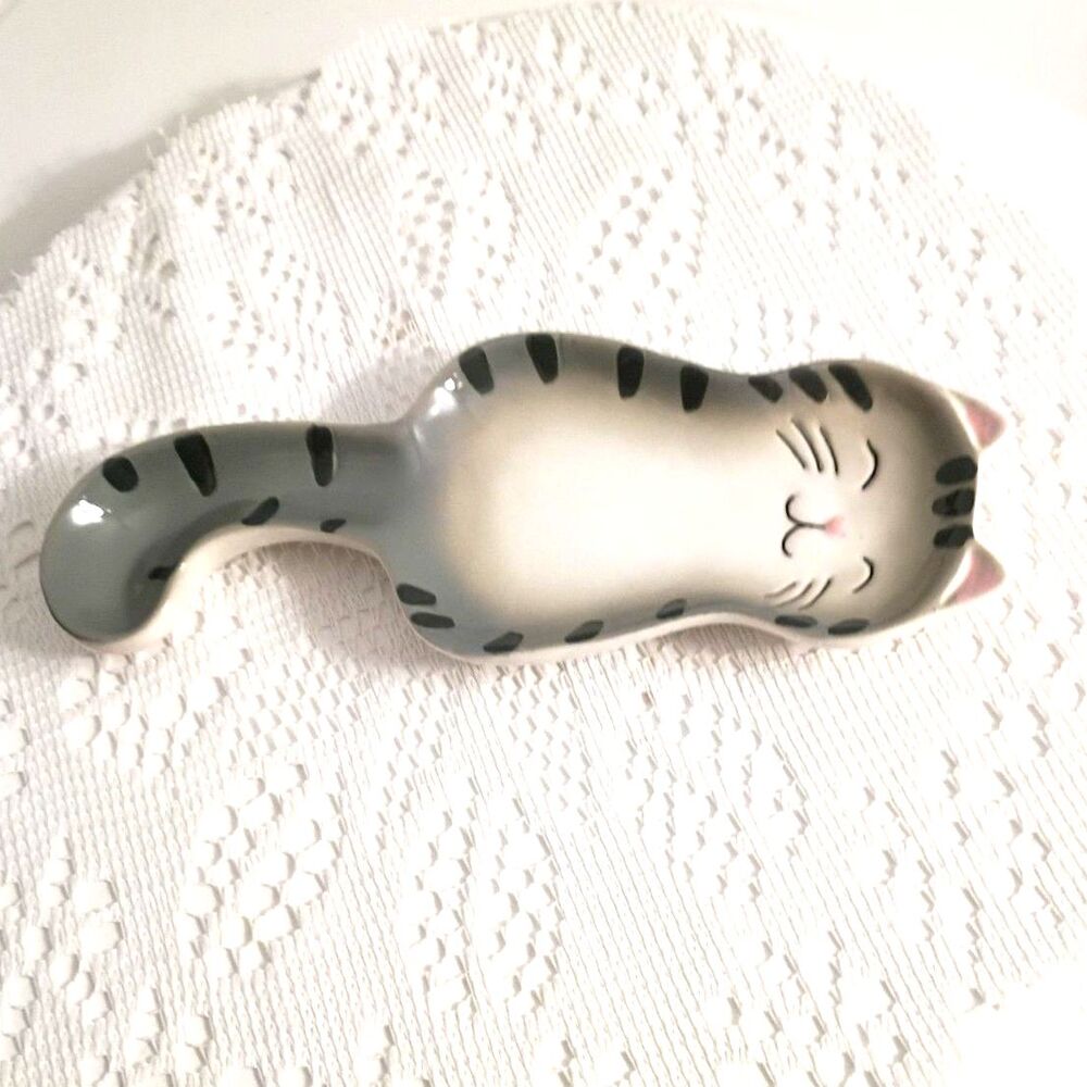 Kitty Shapped Spoon Holder Gray and White Pink Ears, Nose,Ceramic, New